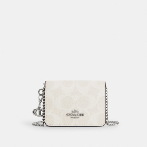 NWT Coach Boxed Mini Wallet On Chain In Signature Canvas Glacier White /2 charms - Picture 3 of 14